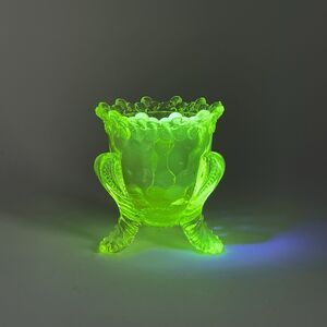 Vintage BOYD Vaseline Uranium Glass Forget Me Not Footed Toothpick Holder GLOWS